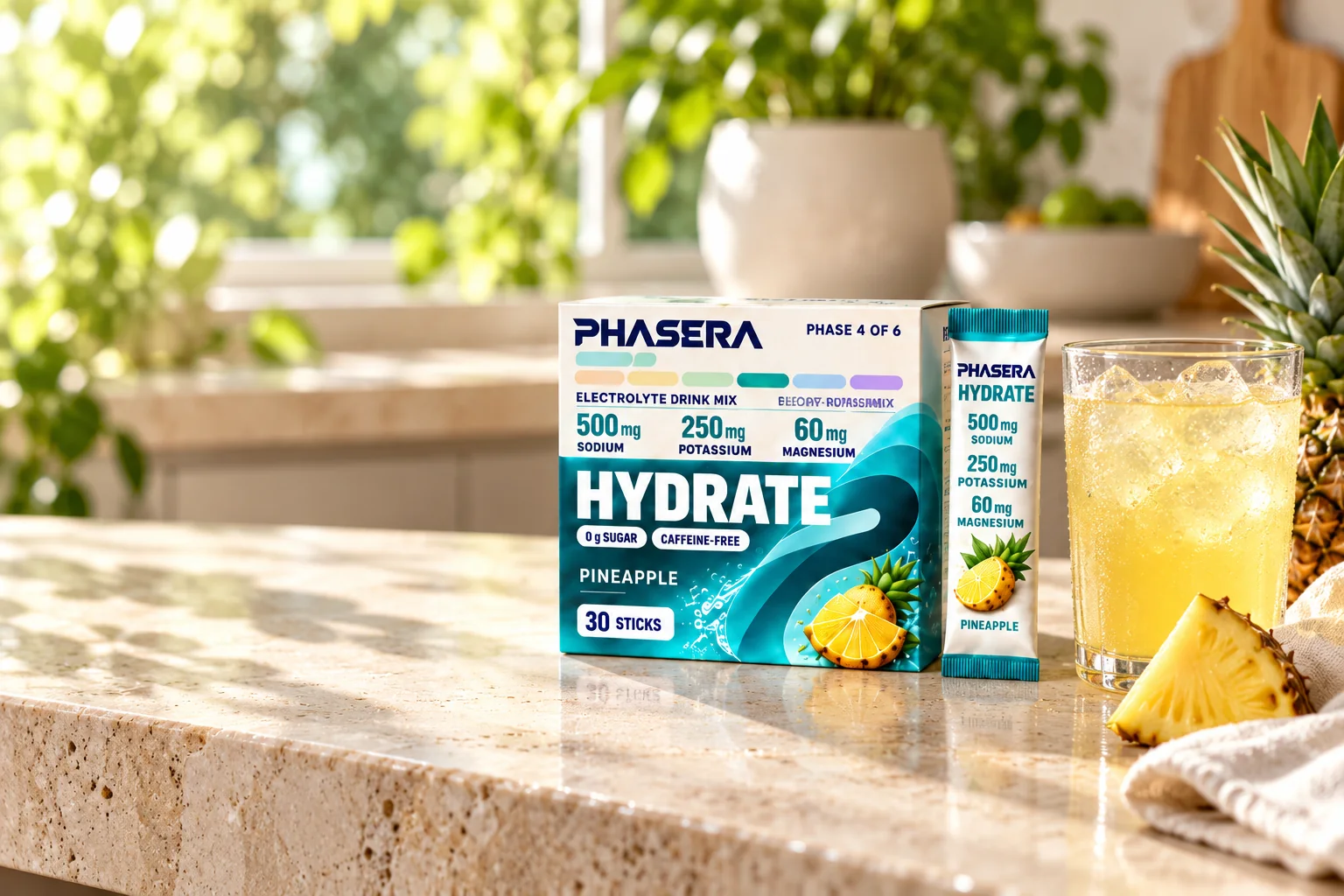 A box and stick pack of PHASERA HYDRATE on a sunny kitchen counter next to a glass of pineapple drink