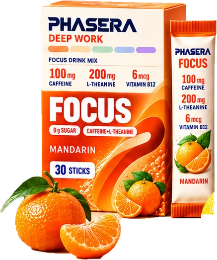 PHASERA FOCUS carton and stick pack in Mandarin, with mandarin oranges